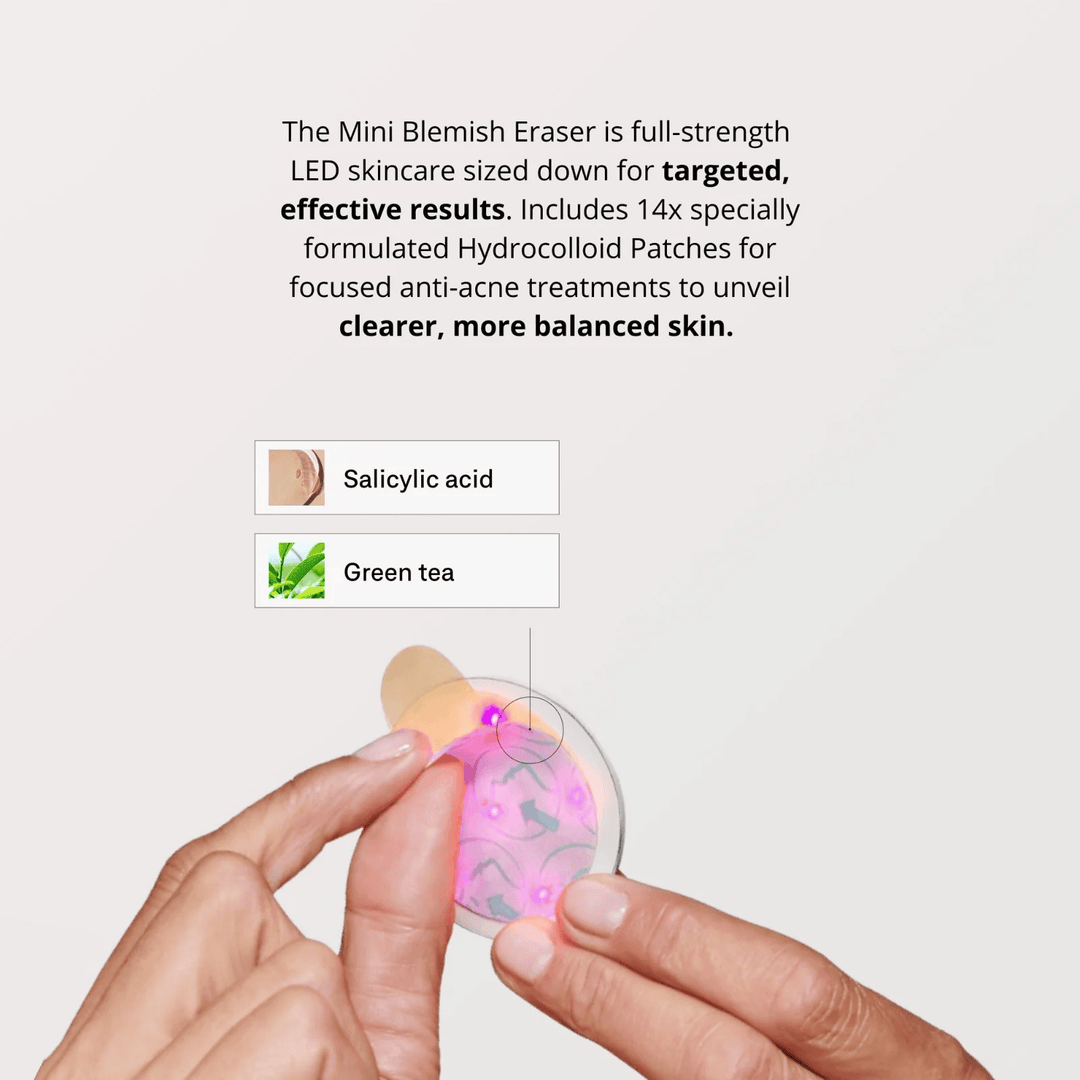 Mini blemish eraser with salicylic acid and green tea ingredients, held by a hand.